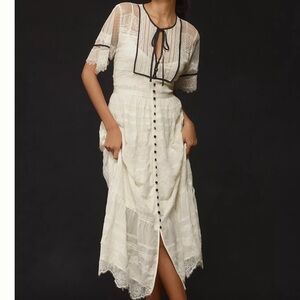 White Lace Button-Front Midi Dress with Contrast Trim